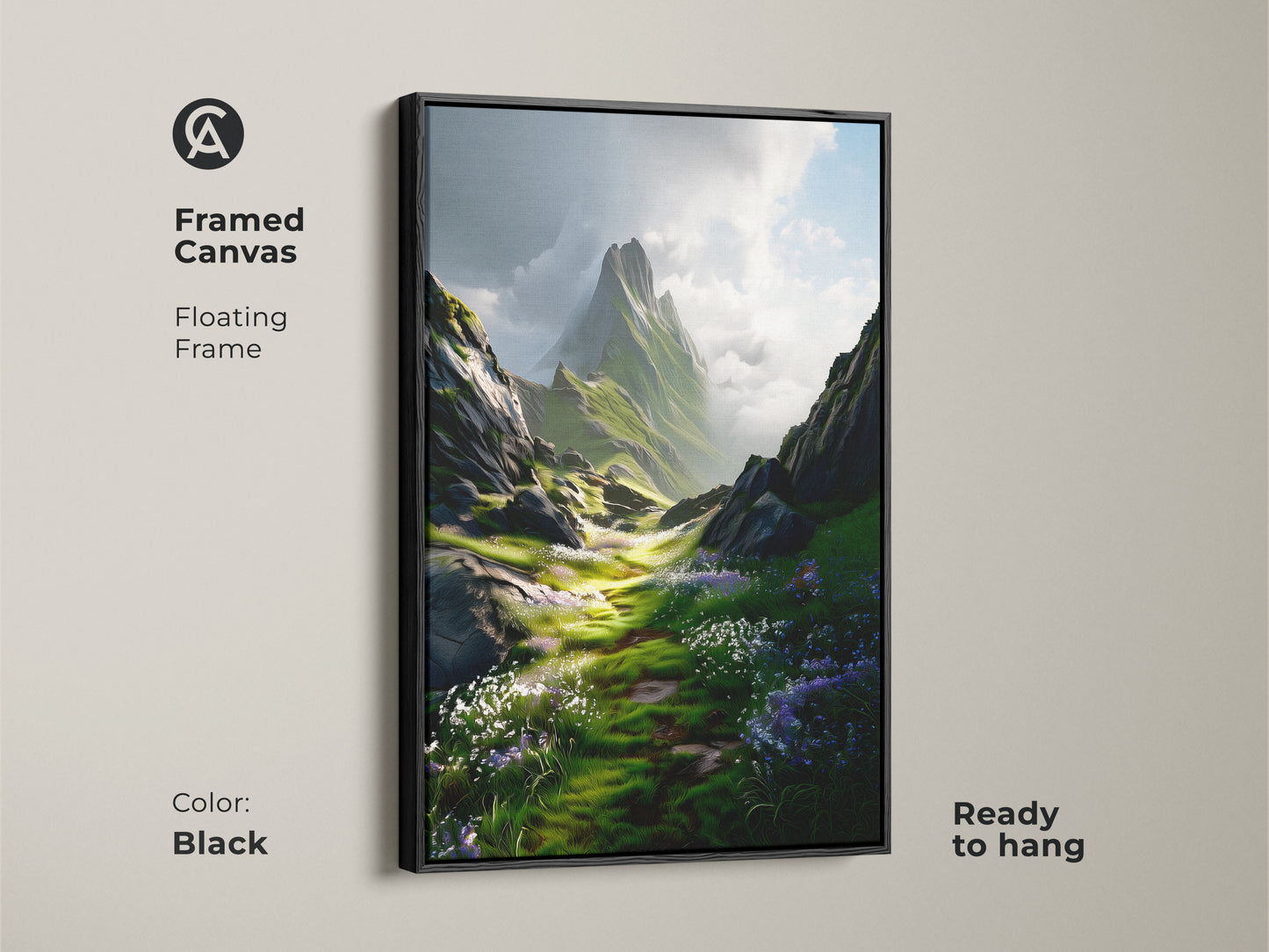 This modern floral meadow art is framed in a black floating frame. The vibrant nature wall decor is ready to hang. The serene outdoor scene canvas adds natural beauty to any room.