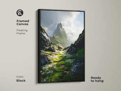 This modern floral meadow art is framed in a black floating frame. The vibrant nature wall decor is ready to hang. The serene outdoor scene canvas adds natural beauty to any room.