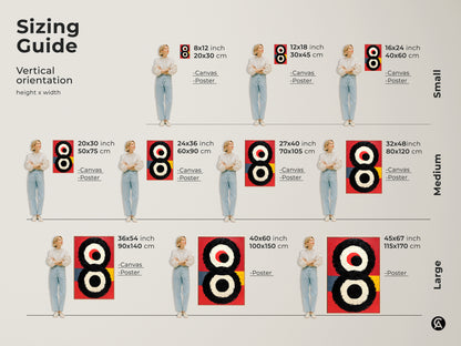 Sizing guide for vertical abstract geometric art featuring bold red black circles. Available as canvas or poster in small medium and large. This Mid-Century Modern wall art will enhance any space.