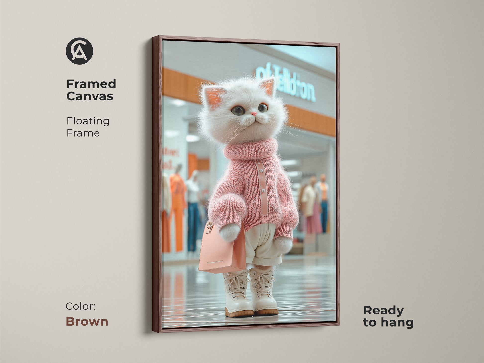 Framed canvas art with a brown floating frame featuring a cute white cat at the mall. Ready to hang and adds a warm touch to any space. This cat artwork makes a great gift for art enthusiasts.