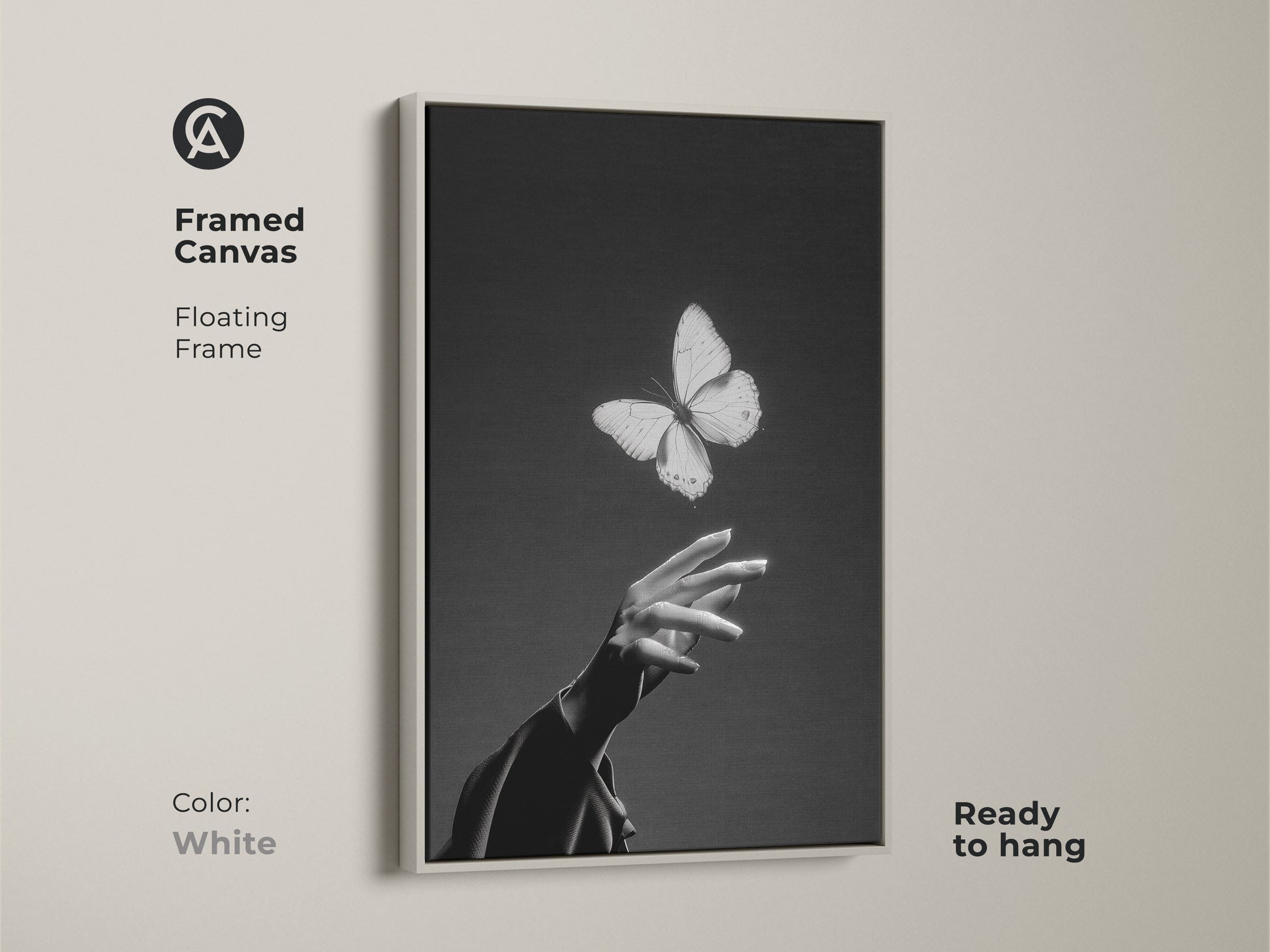 Framed canvas features a floating frame with a white frame. Black and white abstract art. An insect and human touch in contemporary bedroom decor. Elegant living room canvas. Find a nature lover gift idea here.