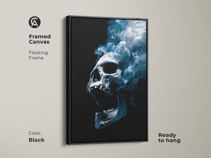 Framed canvas featuring skull art with blue smoke. The canvas has a floating black frame. This ready to hang artwork adds a bold touch to any room. Perfect for those seeking edgy and unique wall decor. Elevate your space today.