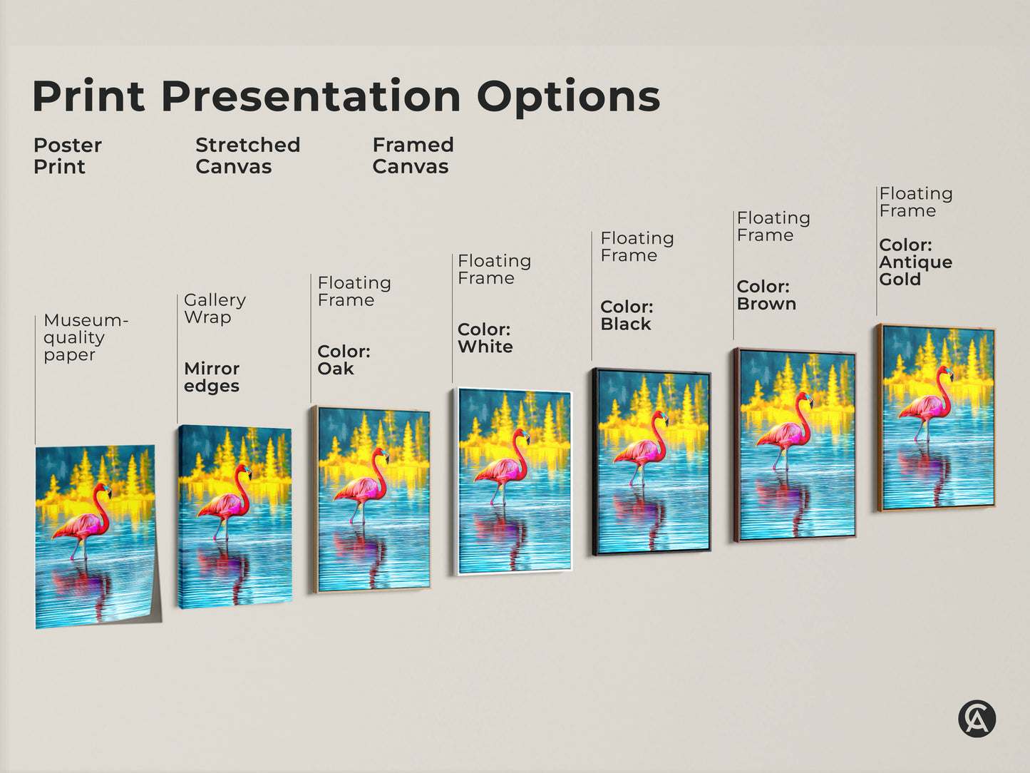 Print presentation options for tropical flamingo art. Choose from poster print stretched canvas or framed canvas. Options include museum-quality paper gallery wrap and floating frames. Available in black brown oak white and antique gold. Find the perfect style.