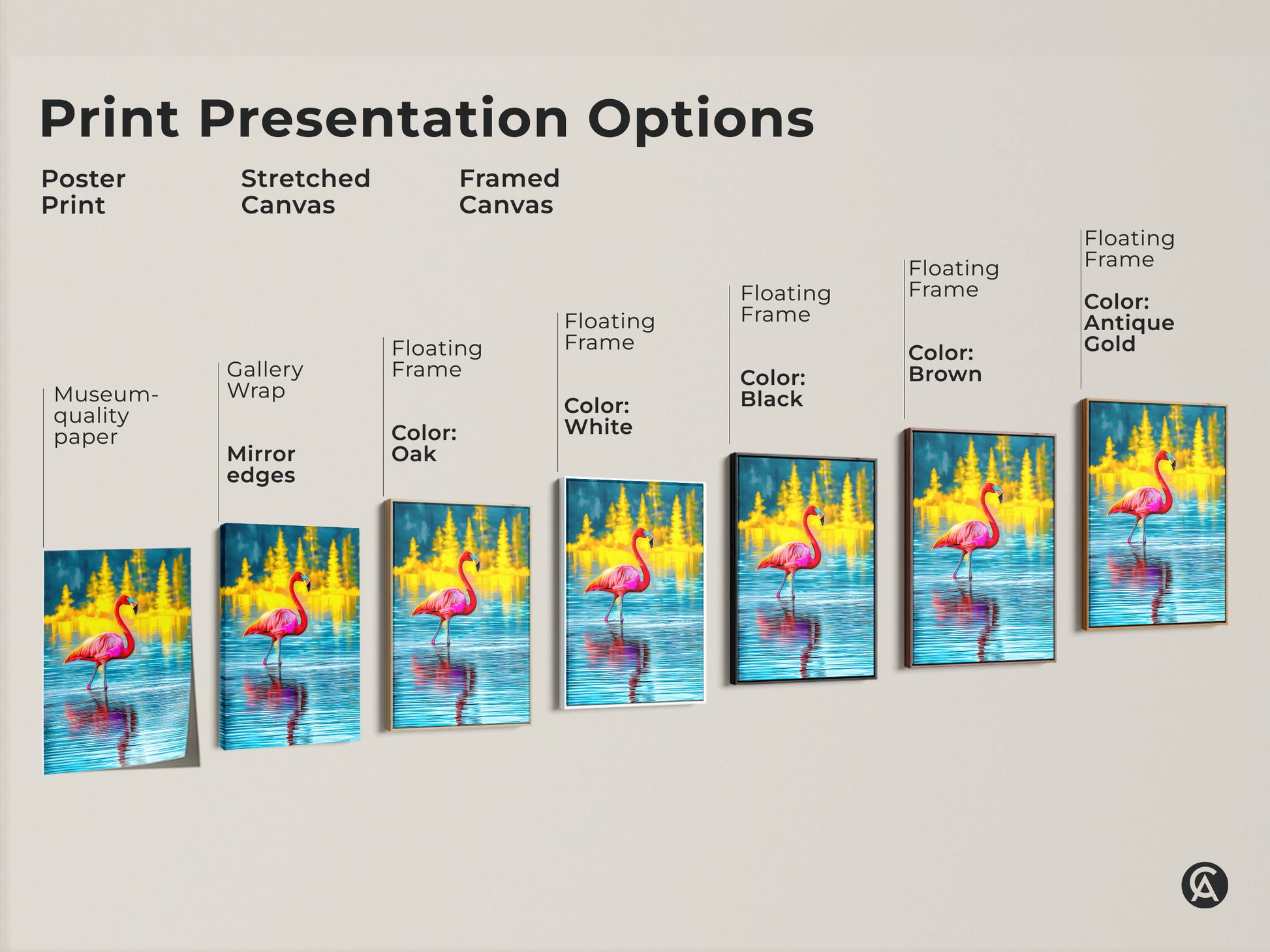 Print presentation options for tropical flamingo art. Choose from poster print stretched canvas or framed canvas. Options include museum-quality paper gallery wrap and floating frames. Available in black brown oak white and antique gold. Find the perfect style.