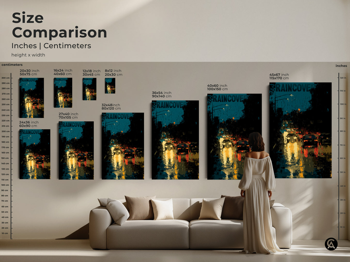 Size comparison of the urban cityscape art. See how the teal black and yellow canvas looks in various dimensions. From 8x12 to 45x67 inches it fits any space. This modern artwork complements your home decor. Choose the perfect size for your living room. It enhances your modern decor.