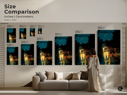 Size comparison of the urban cityscape art. See how the teal black and yellow canvas looks in various dimensions. From 8x12 to 45x67 inches it fits any space. This modern artwork complements your home decor. Choose the perfect size for your living room. It enhances your modern decor.