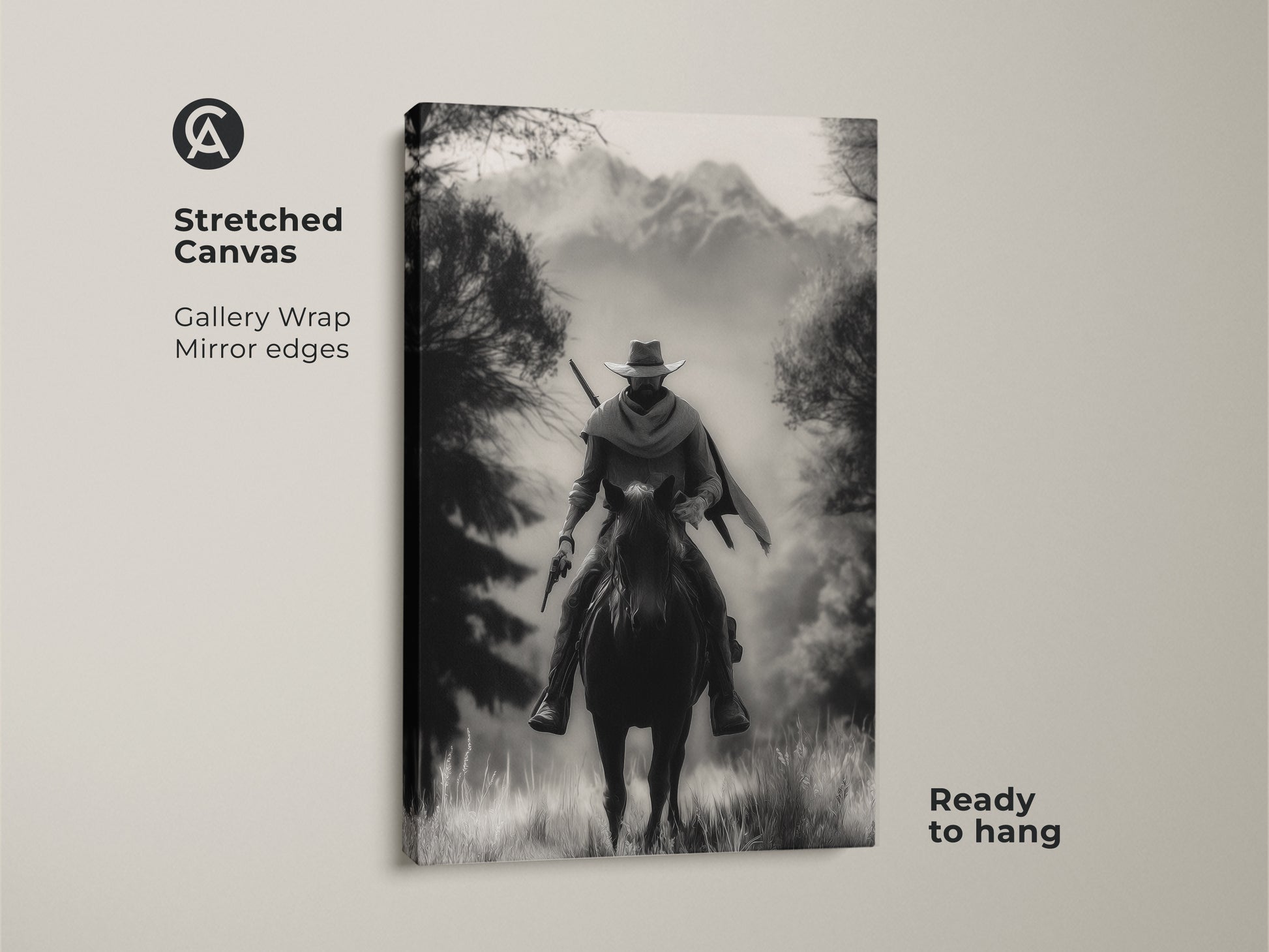 Stretched canvas art showcases a cowboy on horseback in a monochrome Western landscape. The gallery wrap with mirror edges creates a ready-to-hang rustic art piece. Ideal for adding adventure to a home office or study room. This black and white Western art brings classic charm.