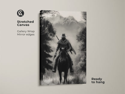 Stretched canvas art showcases a cowboy on horseback in a monochrome Western landscape. The gallery wrap with mirror edges creates a ready-to-hang rustic art piece. Ideal for adding adventure to a home office or study room. This black and white Western art brings classic charm.