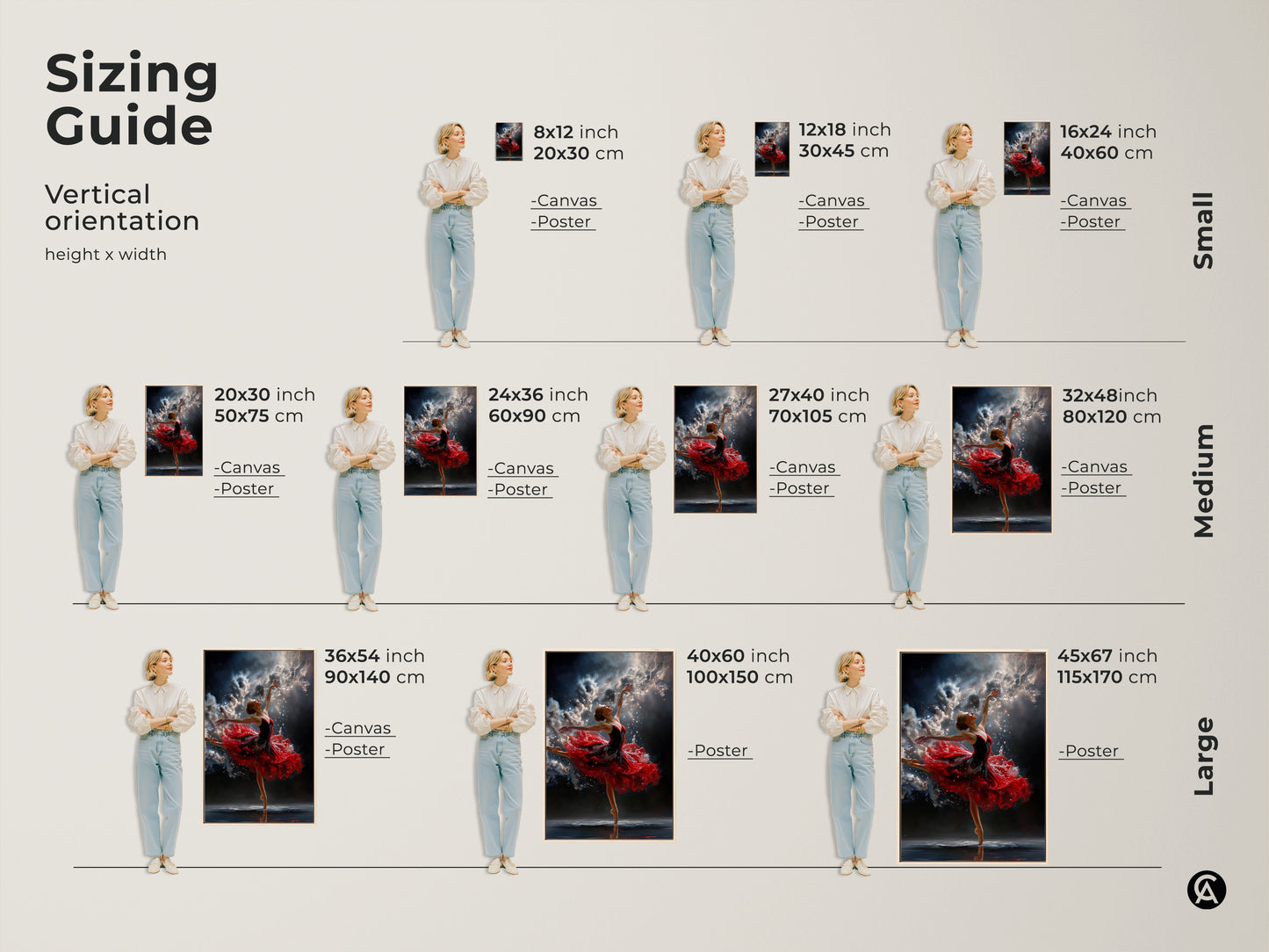 Sizing guide for vertical ballerina art. Find the perfect fit for your space. Available in canvas and poster options. Choose from small medium and large sizes to suit your needs. Transform your home today.