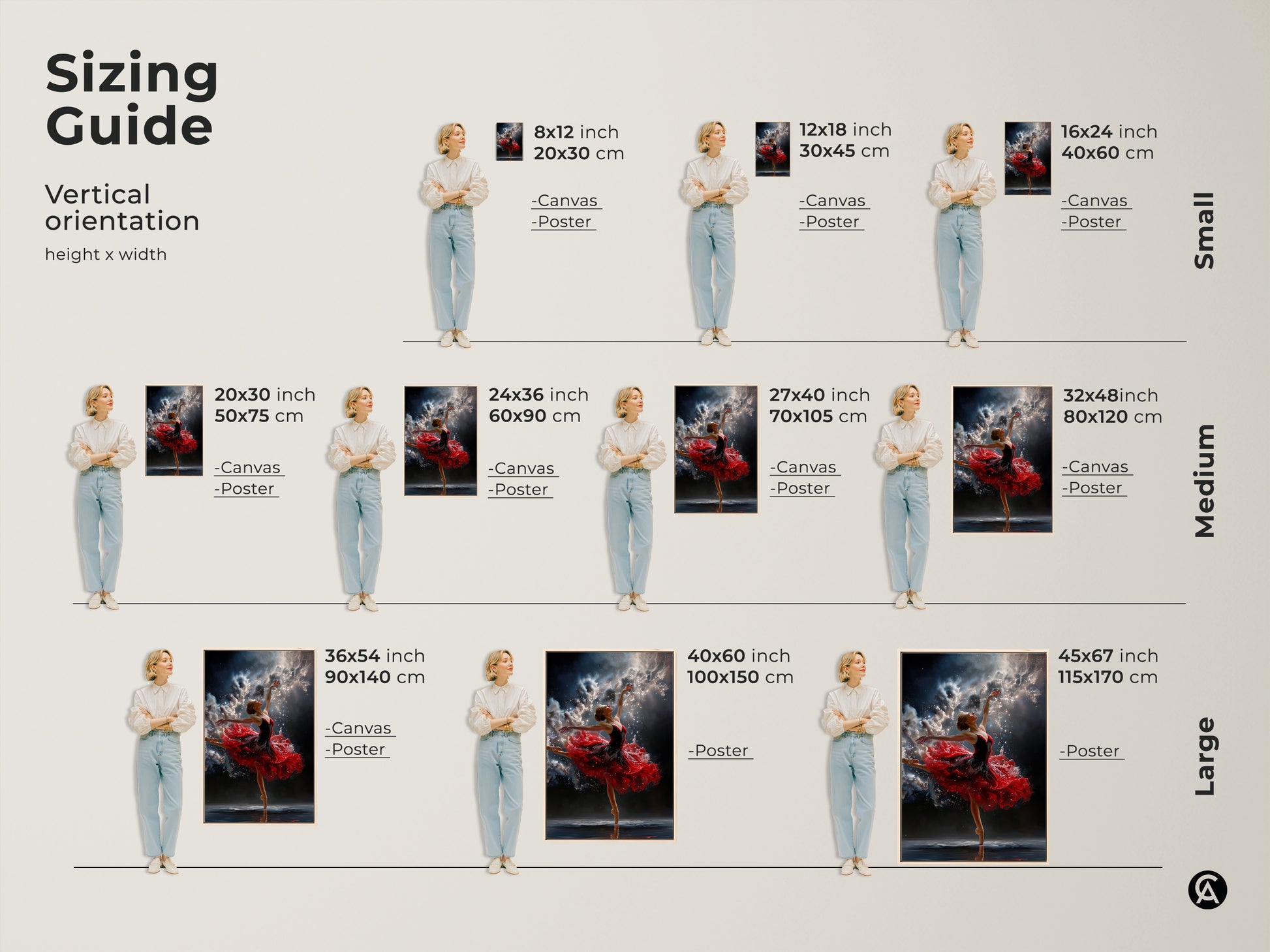 Sizing guide for vertical ballerina art. Find the perfect fit for your space. Available in canvas and poster options. Choose from small medium and large sizes to suit your needs. Transform your home today.