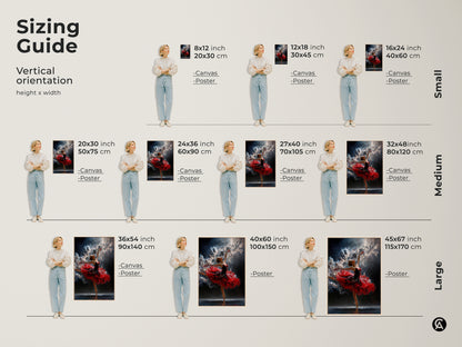 Sizing guide for vertical ballerina art. Find the perfect fit for your space. Available in canvas and poster options. Choose from small medium and large sizes to suit your needs. Transform your home today.