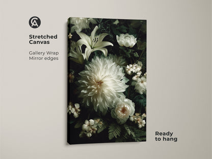 Stretched canvas showcasing white dahlia lilies and roses. Gallery wrapped with mirror edges this floral art is ready to hang. Elevate your space with this stunning canvas artwork. It brings nature's beauty indoors.