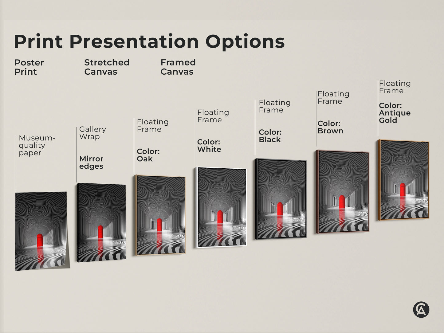 Explore print presentation options for tunnel art with a red door. Choose from poster prints stretched canvas and framed options. Customize your art to match your style. Find the perfect piece to enhance your space. Museum-quality paper and floating frames available.