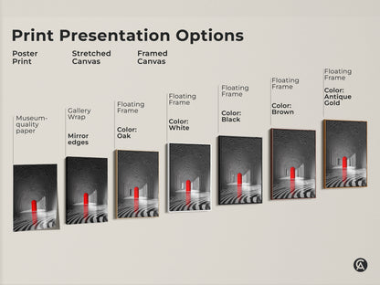 Explore print presentation options for tunnel art with a red door. Choose from poster prints stretched canvas and framed options. Customize your art to match your style. Find the perfect piece to enhance your space. Museum-quality paper and floating frames available.