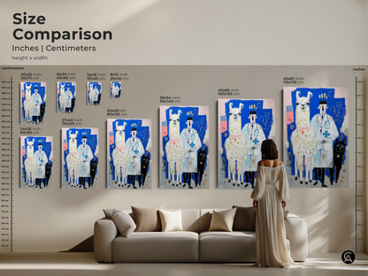 Size comparison of the Llama Doctor artwork. This shows various canvas and poster sizes in inches and centimeters. Visualize how the art fits above a sofa. It's perfect for eclectic wall art.