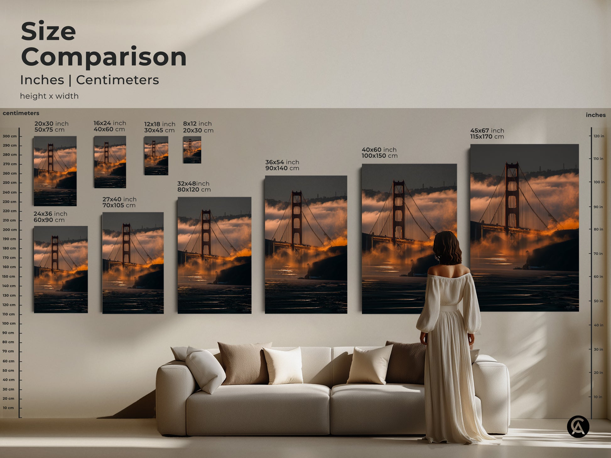 Size comparison of the Golden Gate Bridge canvas. See how the artwork looks in various dimensions above a couch. Perfect for residential wall decor. Plan your art installation.