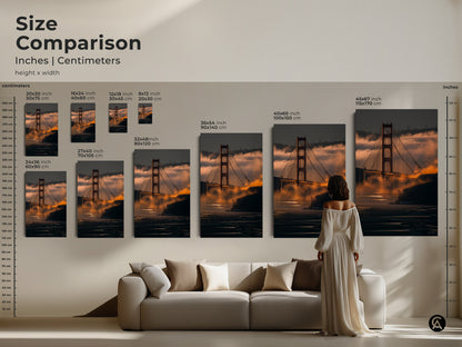 Size comparison of the Golden Gate Bridge canvas. See how the artwork looks in various dimensions above a couch. Perfect for residential wall decor. Plan your art installation.