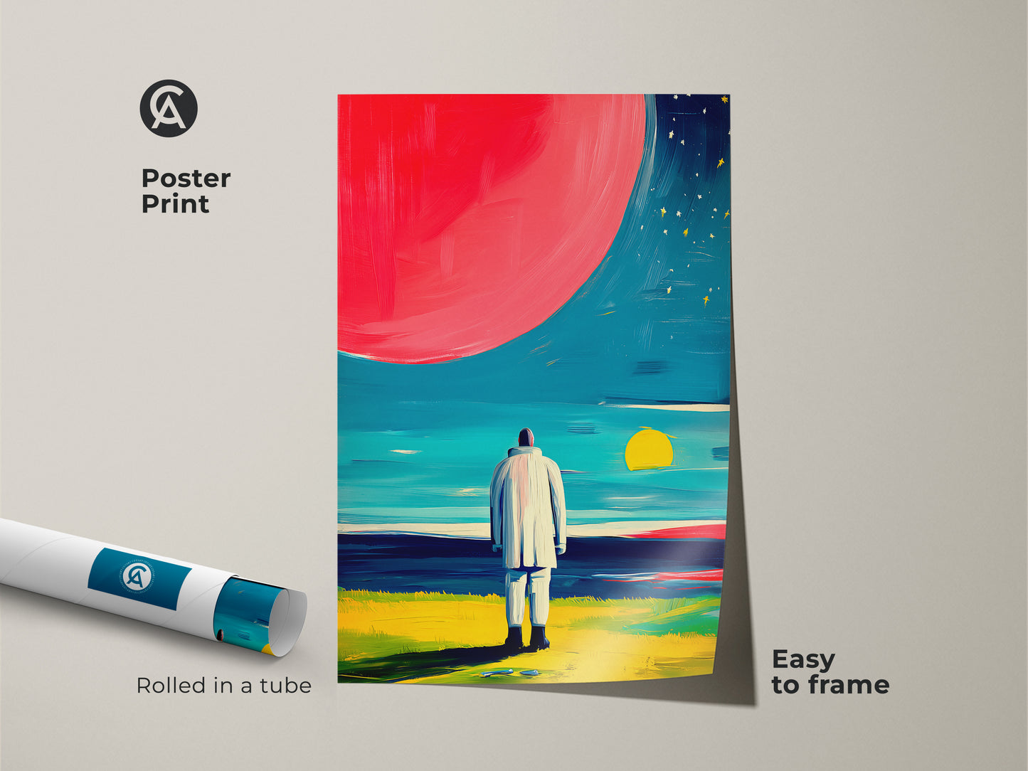 Rolled poster print of modern geometric home decor. This museum-quality paper art showcases a color splash artwork. It is easy to frame and adds a vibrant touch to any room. A unique housewarming gift for art lovers.