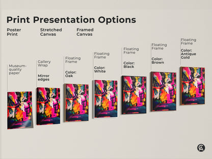 Explore print presentation options for abstract art. Choose from poster prints stretched canvas or framed canvas. Select your preferred style like gallery wrap or floating frame. Available frame colors include black brown antique gold and white. Find the perfect art presentation to match your taste and decor.