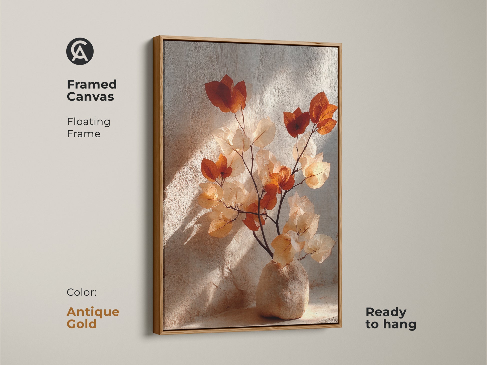 Framed canvas in antique gold featuring Terracotta Bougainvillea. Floating frame showcases cream and burnt orange botanical artwork. Ready to hang this boho vase still life wall art. Add organic modern elegance to your living room with this plant art.