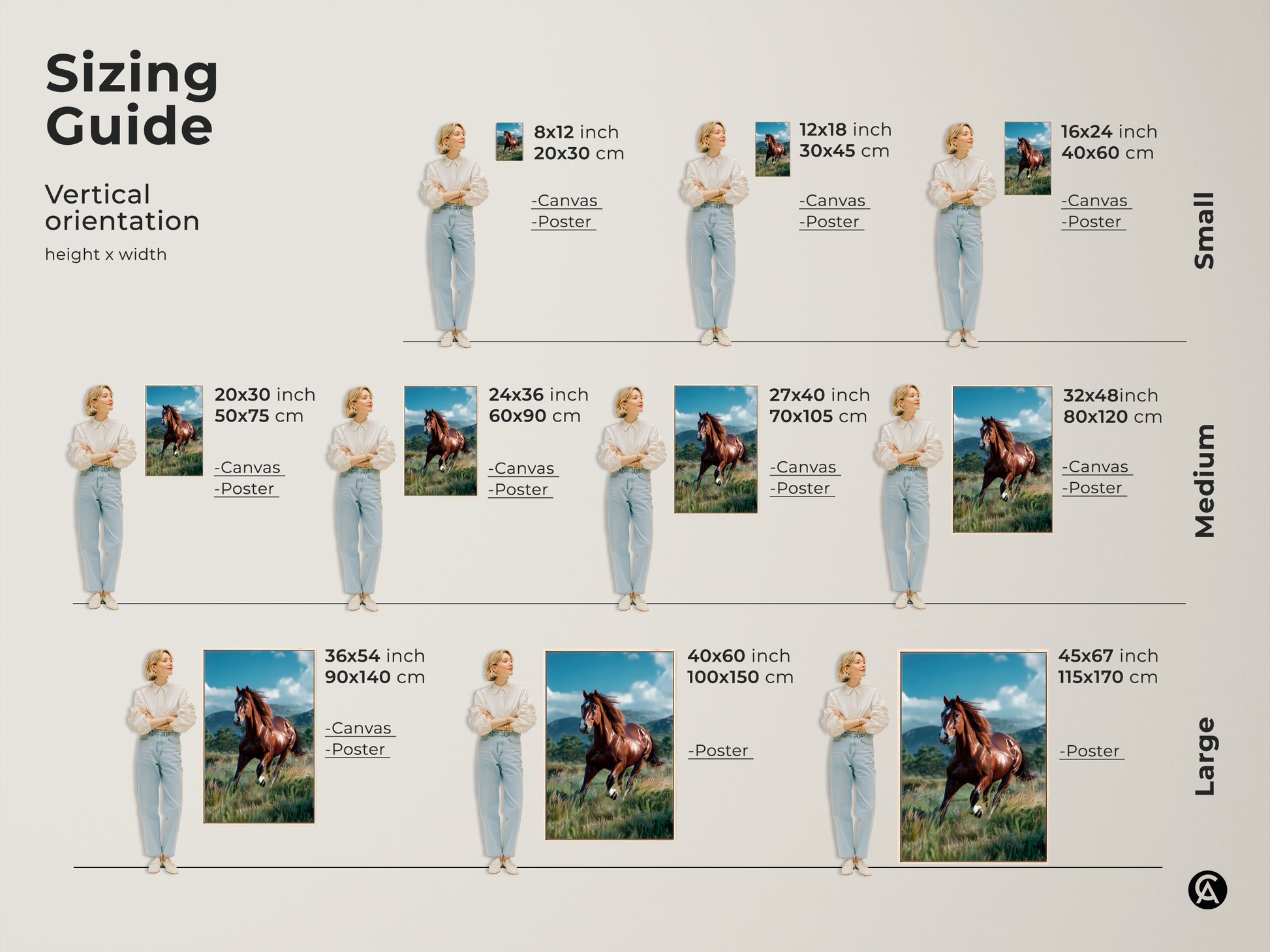 Sizing guide for horse artwork. Vertical orientation height and width options available. Choose from canvas or poster prints. Find the perfect size for your space. Small medium and large sizes available. Decorate your home with stunning horse art.