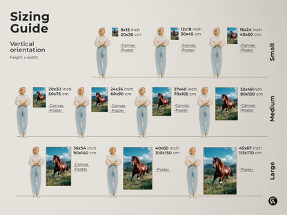 Sizing guide for horse artwork. Vertical orientation height and width options available. Choose from canvas or poster prints. Find the perfect size for your space. Small medium and large sizes available. Decorate your home with stunning horse art.