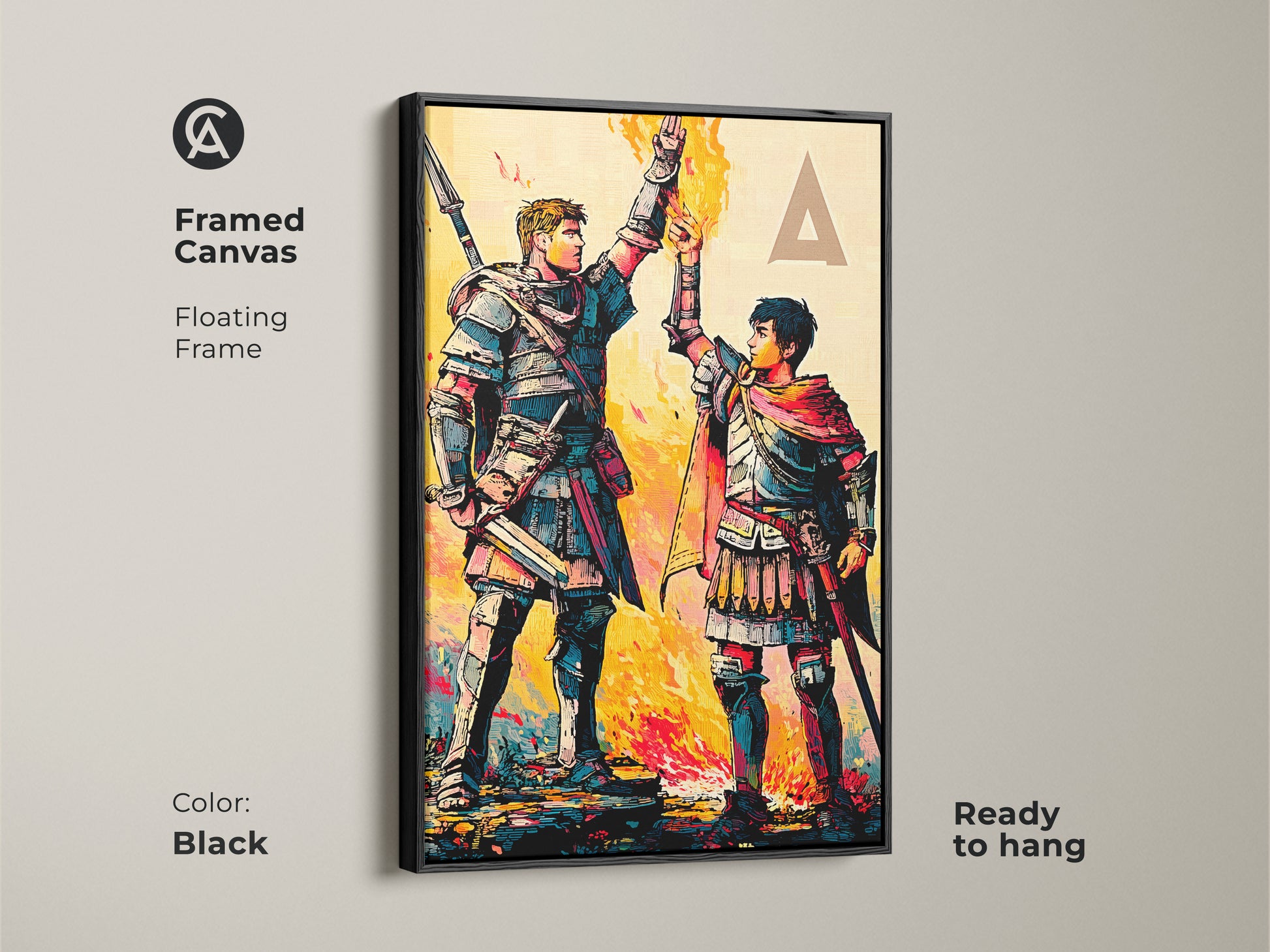 Transform your space with framed fantasy art. This unique wall art features powerful warriors in a graphic novel style. Crimson teal and yellow enhance this fantasy canvas.