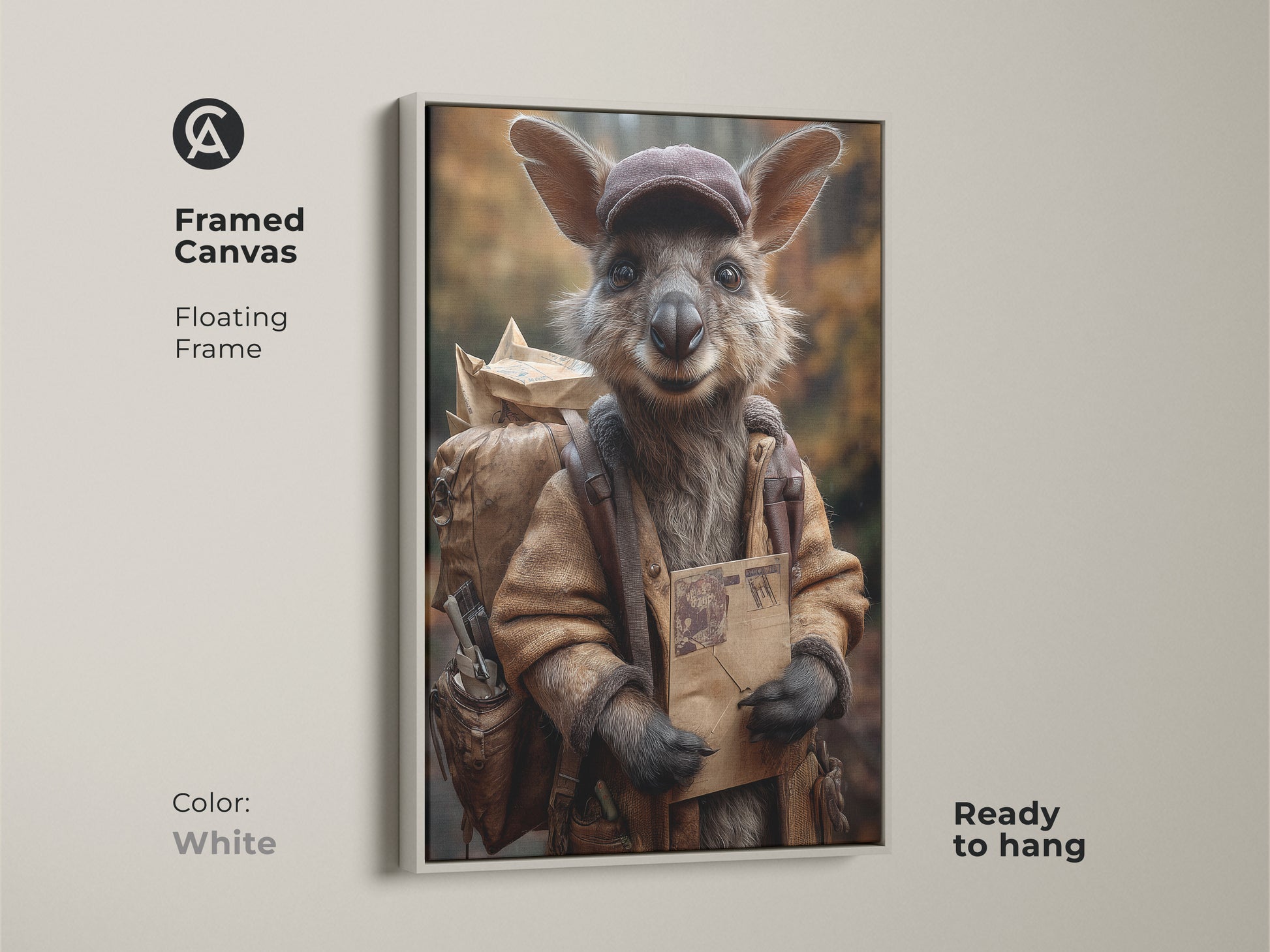 Kangaroo mail carrier artwork displayed in a white floating frame canvas. Its ready to hang and provides a clean modern look. This earthy tones animal print brings a unique charm to any room.