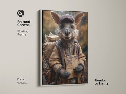 Kangaroo mail carrier artwork displayed in a white floating frame canvas. Its ready to hang and provides a clean modern look. This earthy tones animal print brings a unique charm to any room.