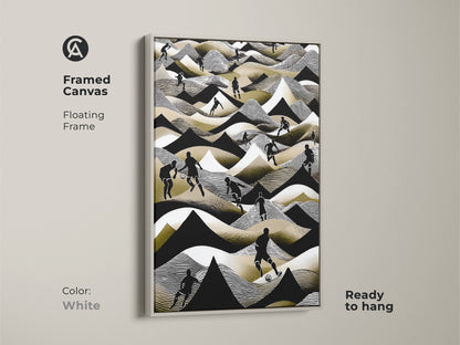 A white framed canvas shows abstract football players. This contemporary soccer scene is in black white and gold. The wall decor is ready to hang. This minimalist sports artwork suits any room. It is a chic addition to your space.