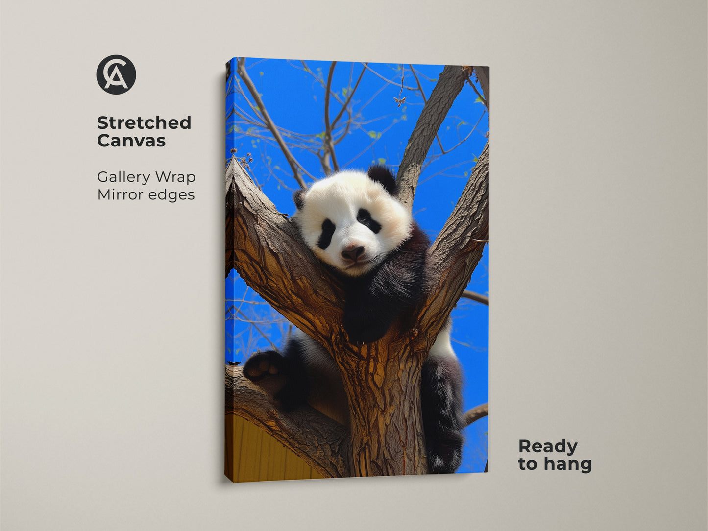 Stretched canvas print of a panda in a tree. This wildlife photography art is ready to hang. It features a photorealistic animal against a blue sky. The cute panda artwork enhances any room.