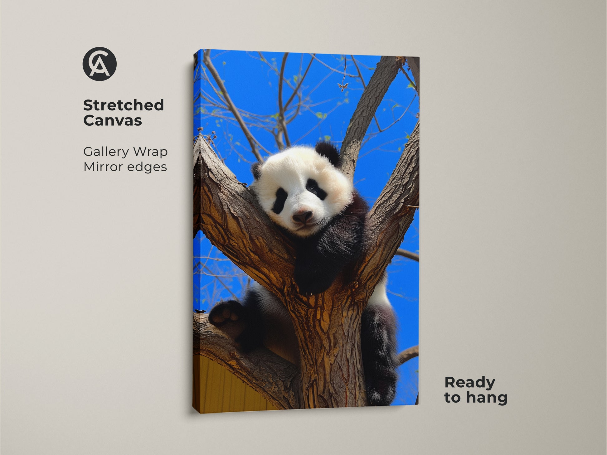 Stretched canvas print of a panda in a tree. This wildlife photography art is ready to hang. It features a photorealistic animal against a blue sky. The cute panda artwork enhances any room.