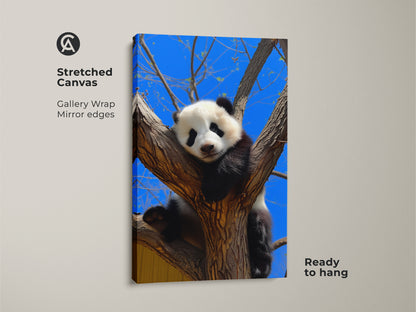 Stretched canvas print of a panda in a tree. This wildlife photography art is ready to hang. It features a photorealistic animal against a blue sky. The cute panda artwork enhances any room.