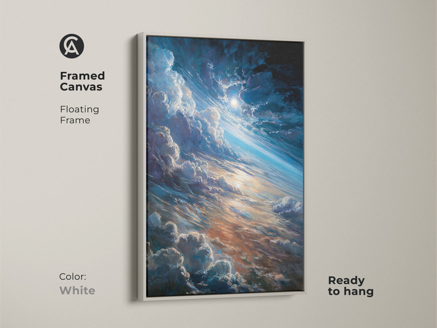 Framed canvas art in a white floating frame. The artwork features a celestial space scene with clouds and a bright sun. This ready-to-hang piece brings cosmic beauty to your home decor. Enhance your space with stunning space-themed art.