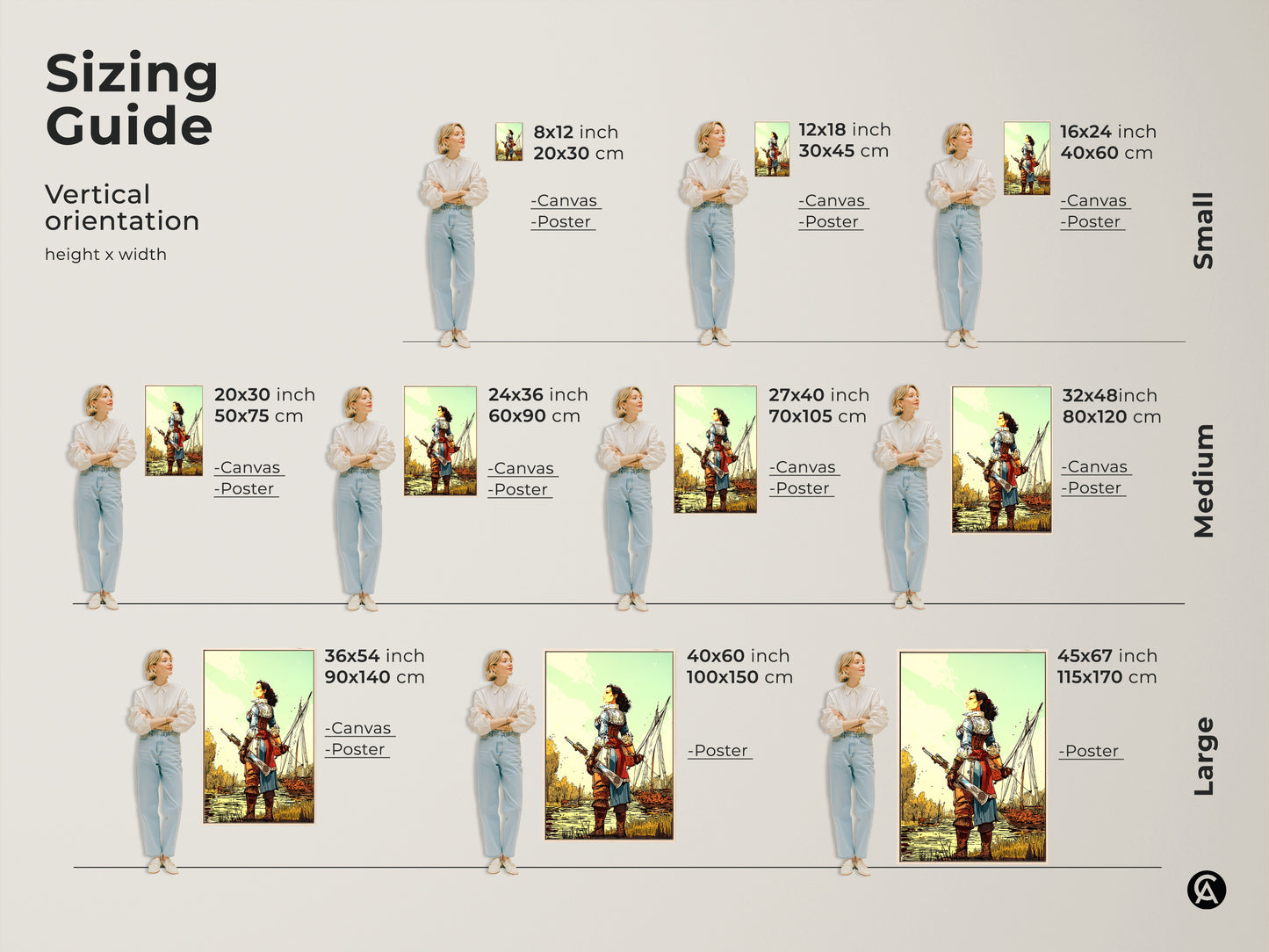 Sizing Guide for a vertical orientation featuring a Female Pirate Captain with Sailing Ship. Sizes include small medium and large. Available in canvas and poster options. Shows art in an 8x12 inch to 45x67 inch formats with height and width dimensions.