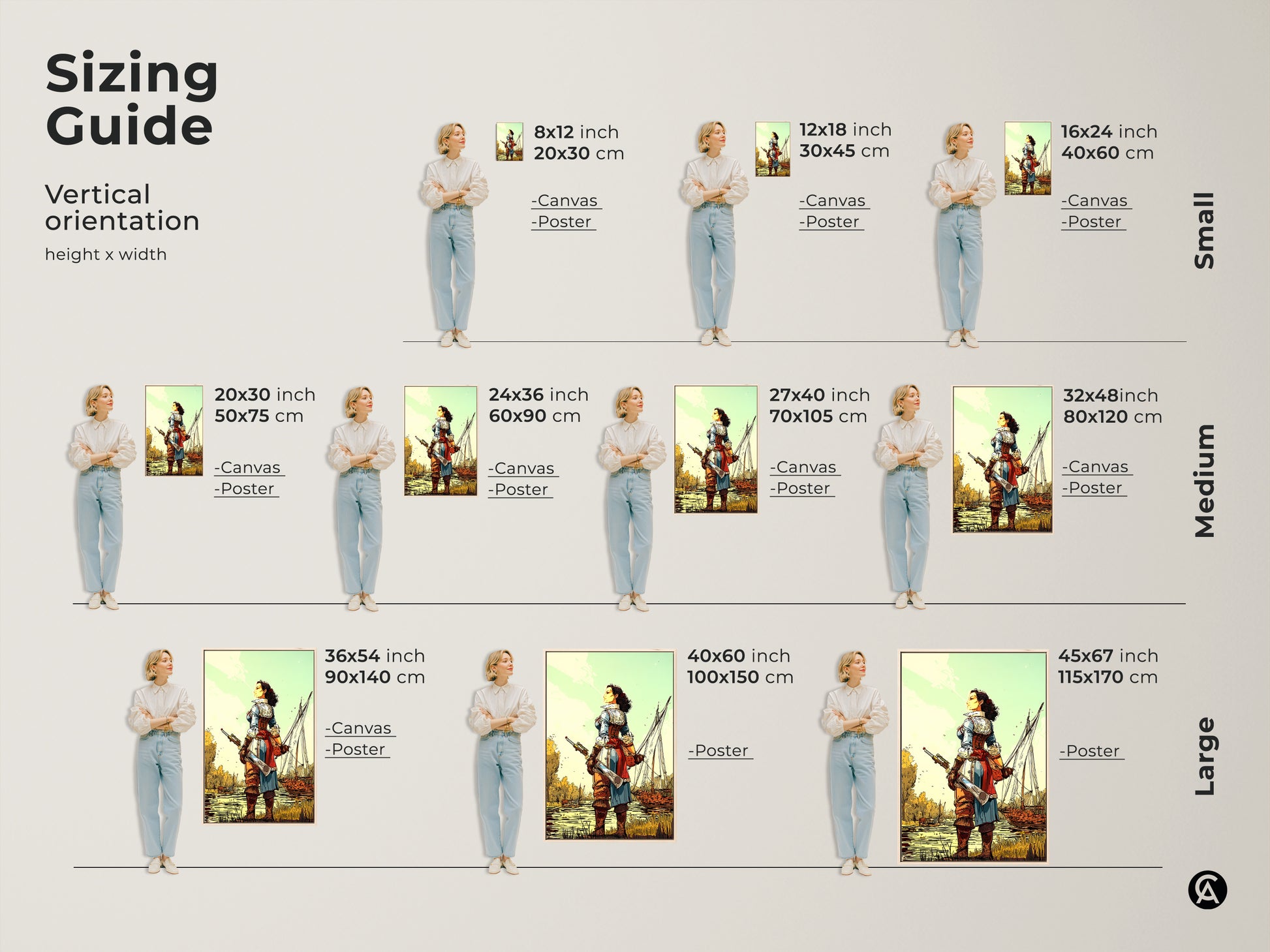 Sizing Guide for a vertical orientation featuring a Female Pirate Captain with Sailing Ship. Sizes include small medium and large. Available in canvas and poster options. Shows art in an 8x12 inch to 45x67 inch formats with height and width dimensions.