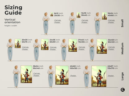 Sizing Guide for a vertical orientation featuring a Female Pirate Captain with Sailing Ship. Sizes include small medium and large. Available in canvas and poster options. Shows art in an 8x12 inch to 45x67 inch formats with height and width dimensions.