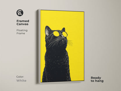 Framed canvas art featuring a black cat with sunglasses against a vibrant yellow background. This pop art canvas art with a white floating frame is ready to hang. It is ideal for eclectic decor.