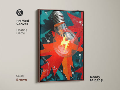 Framed abstract light bulb canvas with a floating brown frame. The lightning bolt is rendered in vibrant red orange and teal. Ideal for office wall art a statement piece. Ready to hang for modern workspace.