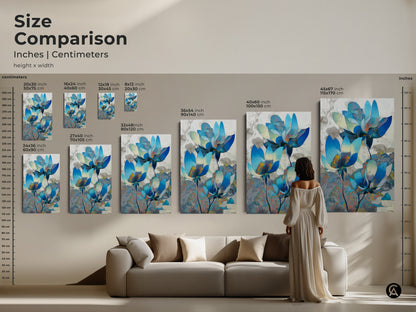 Size comparison of abstract lotus canvas prints in inches and centimeters. See how different sizes fit above a couch. Find the ideal modern botanical art for your living room.