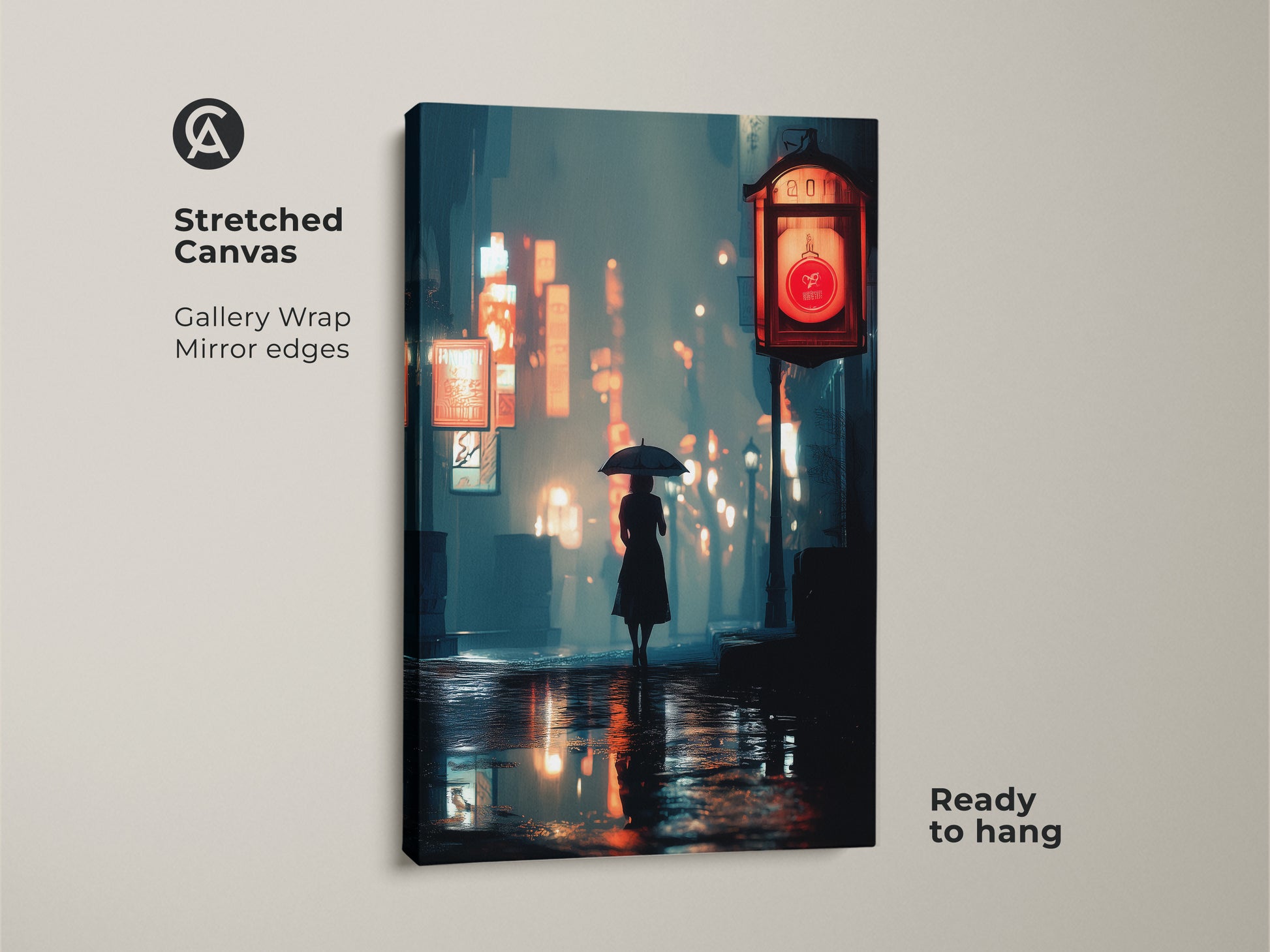 Stretched canvas print of a cinematic cityscape. Gallery wrapped with mirrored edges. Features a woman with an umbrella in a neon lit street. The deep blue orange teal decor creates a moody atmosphere. Ready to hang.
