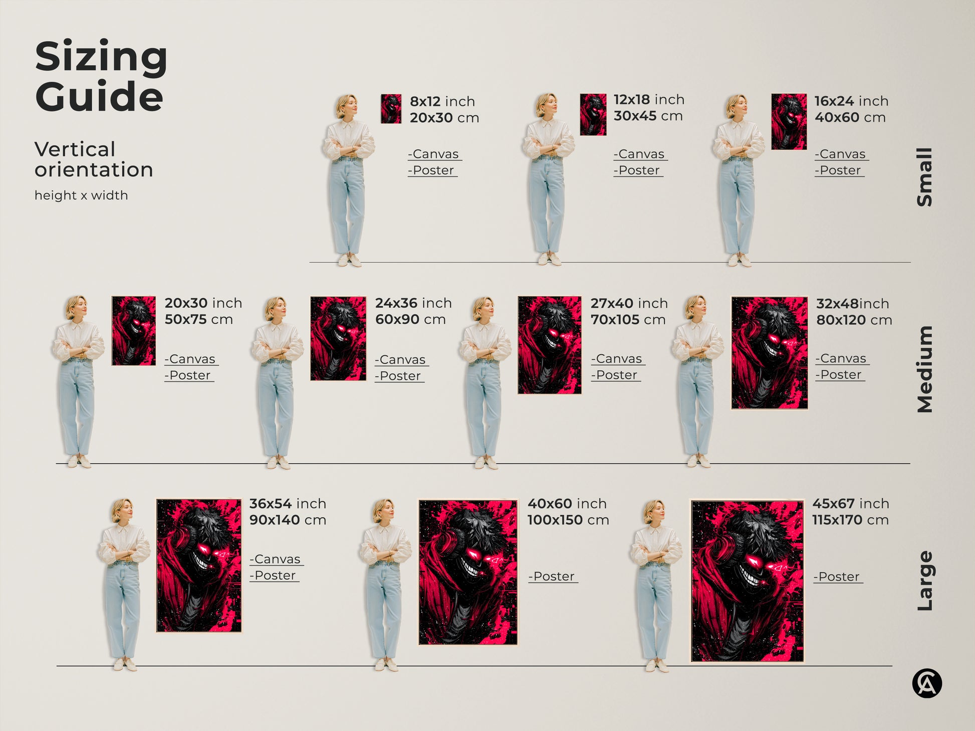 Sizing guide for our demon artwork canvas and posters. See how the sizes look in a room. We have small medium and large sizes. Find the perfect size for your space today.