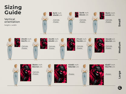 Sizing guide for our demon artwork canvas and posters. See how the sizes look in a room. We have small medium and large sizes. Find the perfect size for your space today.