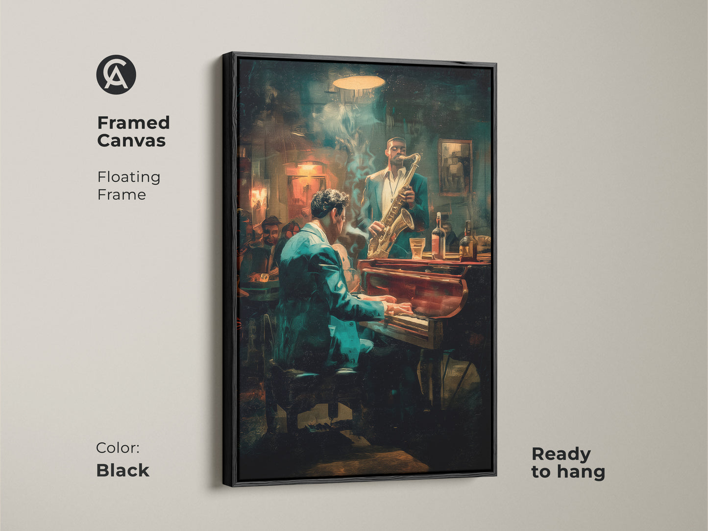 Enhance your decor with this framed canvas art. The black floating frame showcases a jazz club scene with a pianist & saxophonist. Ready to hang this piece adds a touch of musical sophistication. Perfect for jazz enthusiasts & art lovers.