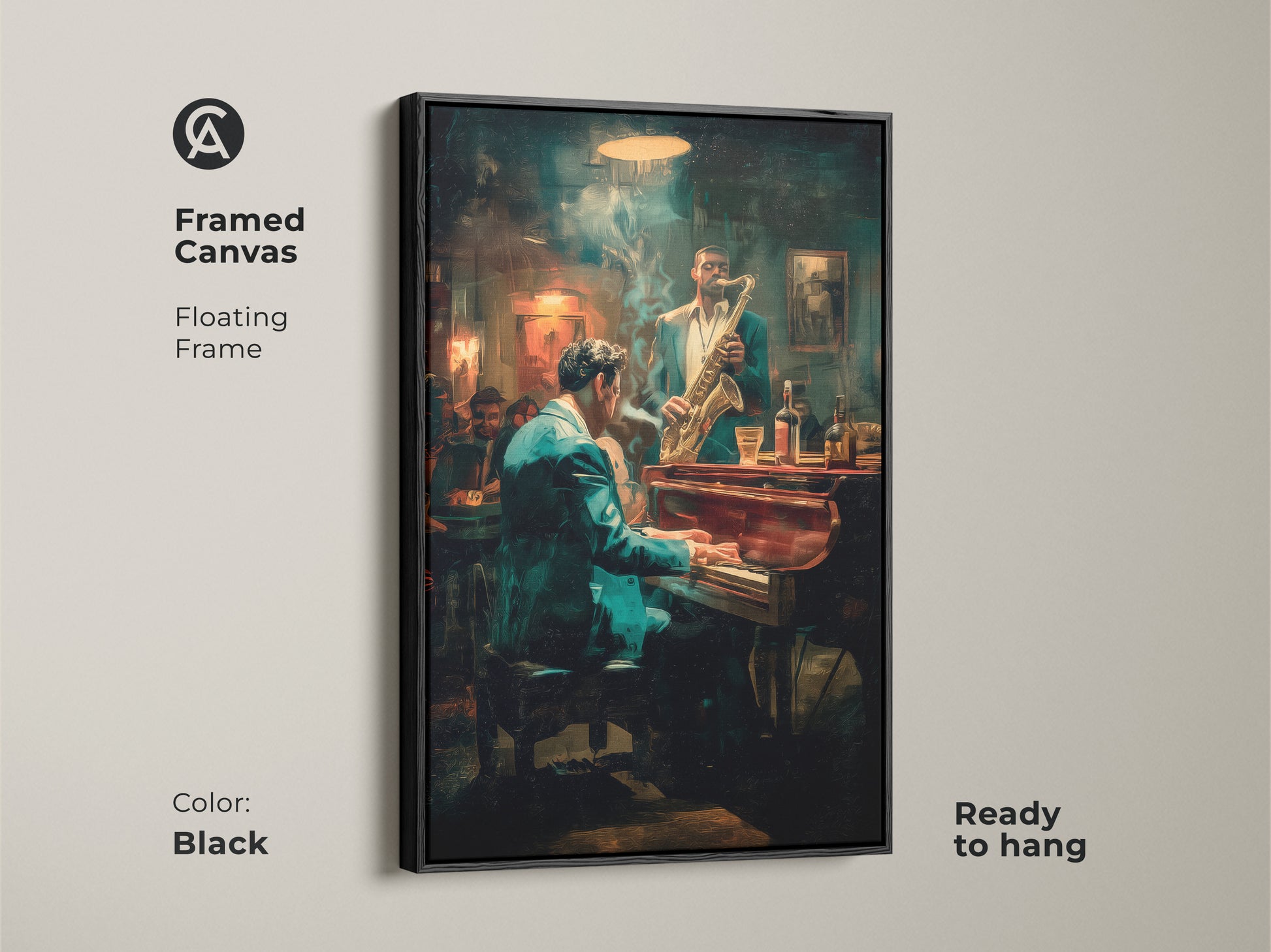 Enhance your decor with this framed canvas art. The black floating frame showcases a jazz club scene with a pianist & saxophonist. Ready to hang this piece adds a touch of musical sophistication. Perfect for jazz enthusiasts & art lovers.
