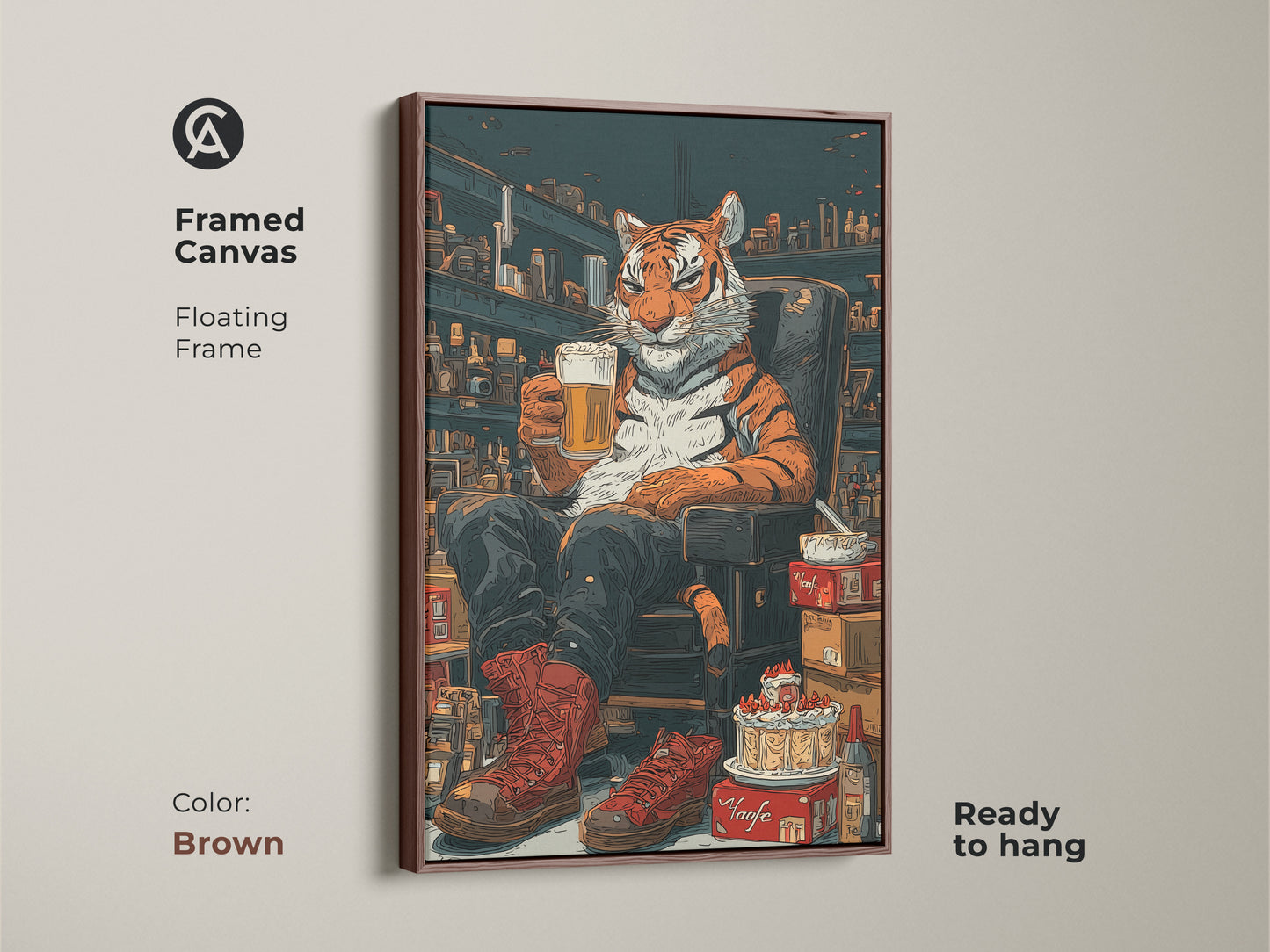 Framed canvas of a tiger enjoying beer in a brown floating frame. This retro comic wall art is ready to hang. The animal themed wall art is a unique man cave art. This funny tiger art print is great as eclectic home decor.