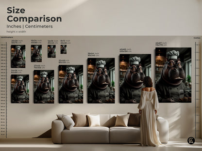 The size comparison helps you see the various sizes in relation to a sofa and person. The print features a hippo chef holding muffins. This warm and eclectic animal art is the perfect touch to any space. This delightful artwork adds humor to home bakers spaces.