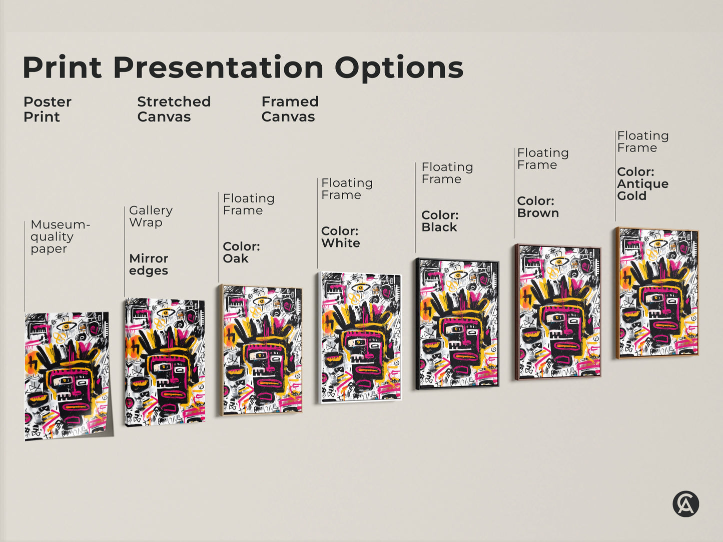 Explore print presentation options for abstract face artwork. Choose from poster prints stretched canvases or framed canvases. Options include gallery wrap museum-quality paper and floating frames in various colors. Find the perfect art for your space.