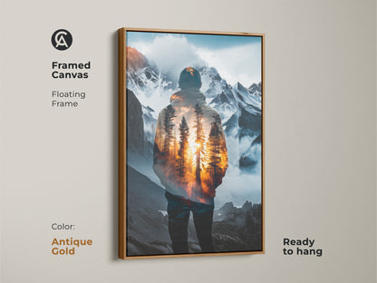 Framed canvas print with a double exposure nature art piece. An antique gold frame showcases the mountain forest canvas. Modern wall art brings the beauty of nature into any space. It's a perfect gift for hikers and outdoor enthusiasts.