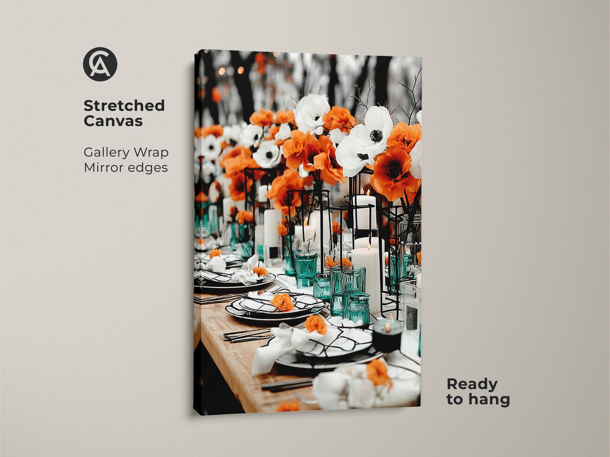Stretched canvas art featuring orange and white anemones. This contemporary dining room wall art showcases an elegant table setting. It's ready to hang with gallery wrap mirror edges. Perfect for a sophisticated floral arrangement or home entertainer gift. Enhance your home decor with this modern floral artwork.